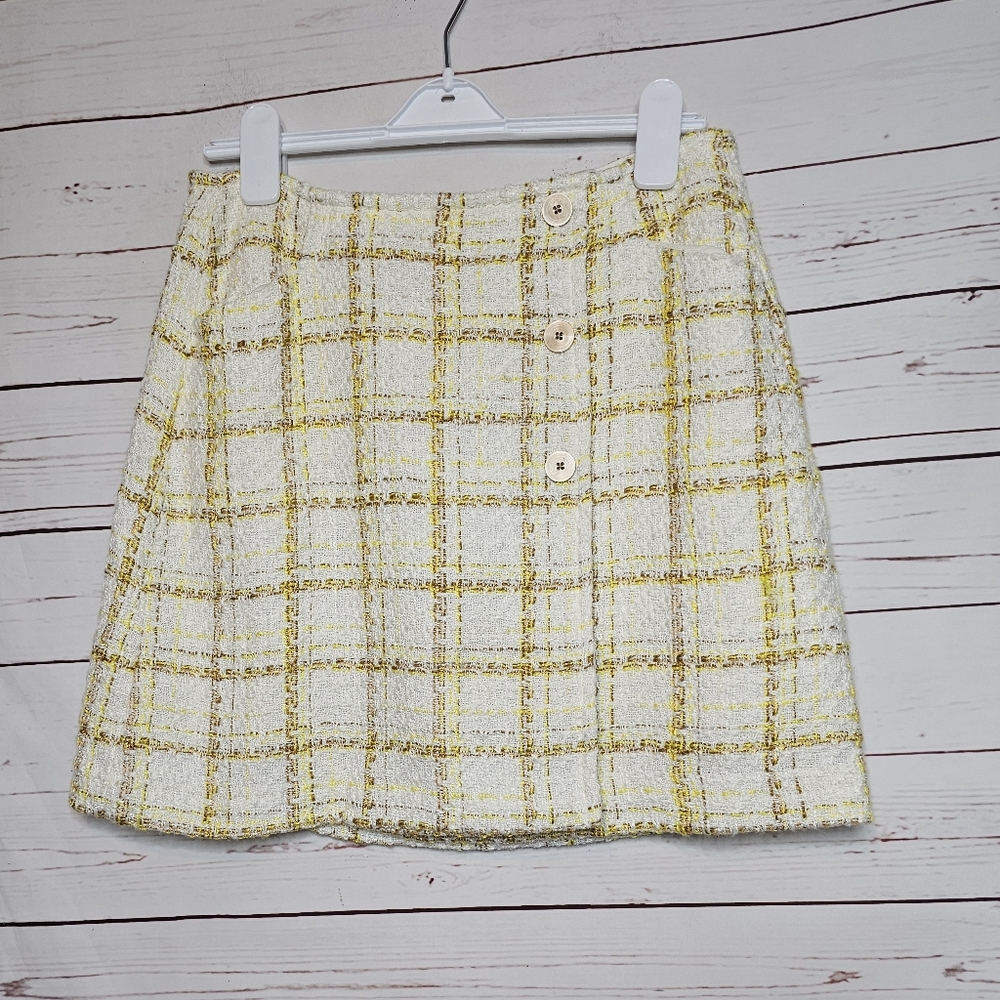 CAbi Coco Tweed Cream and Yellow Plaid Mini Skirt